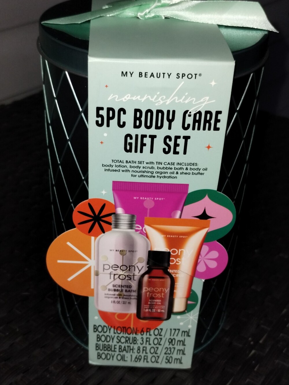 My Beauty Spot Peony Frost 5PC Body Care Gift Set Tin Lotion Scrub Bath Oil NWT